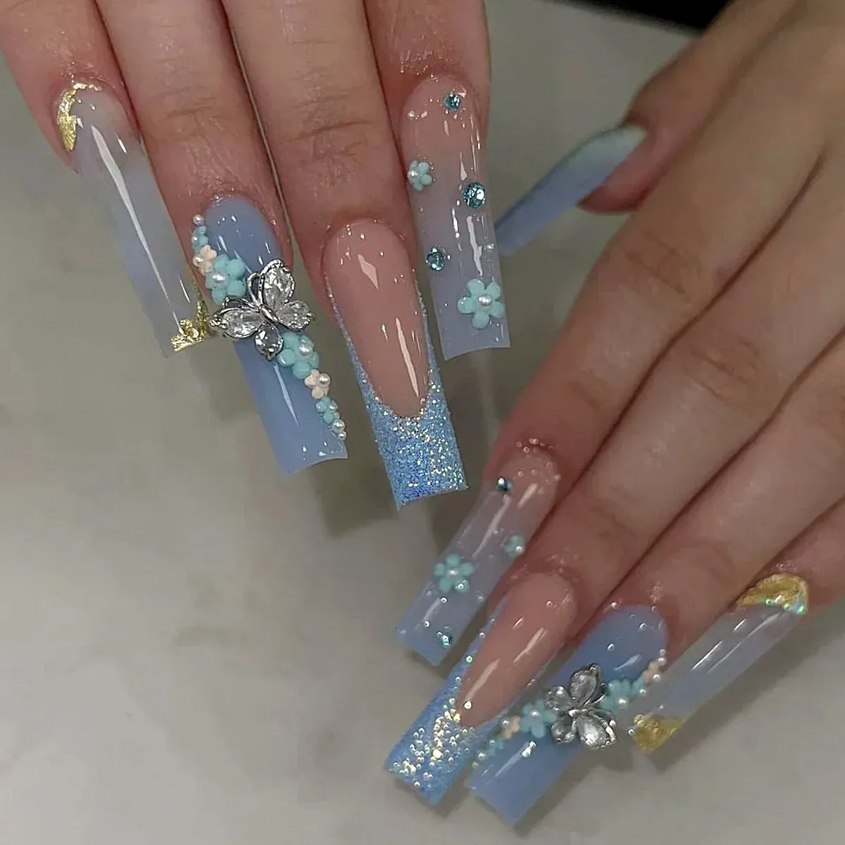 binfenxie 24pc Detachable Ballet Coffin French Fake Nails with Designs Butterfly Full Cover Press on Nails XL Artificial Nails with Glue