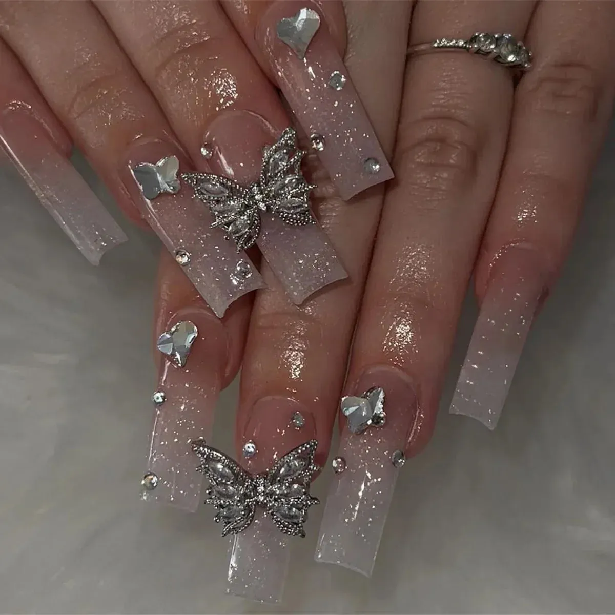 binfenxie 24pc Detachable Ballet Coffin French Fake Nails with Designs Butterfly Full Cover Press on Nails XL Artificial Nails with Glue