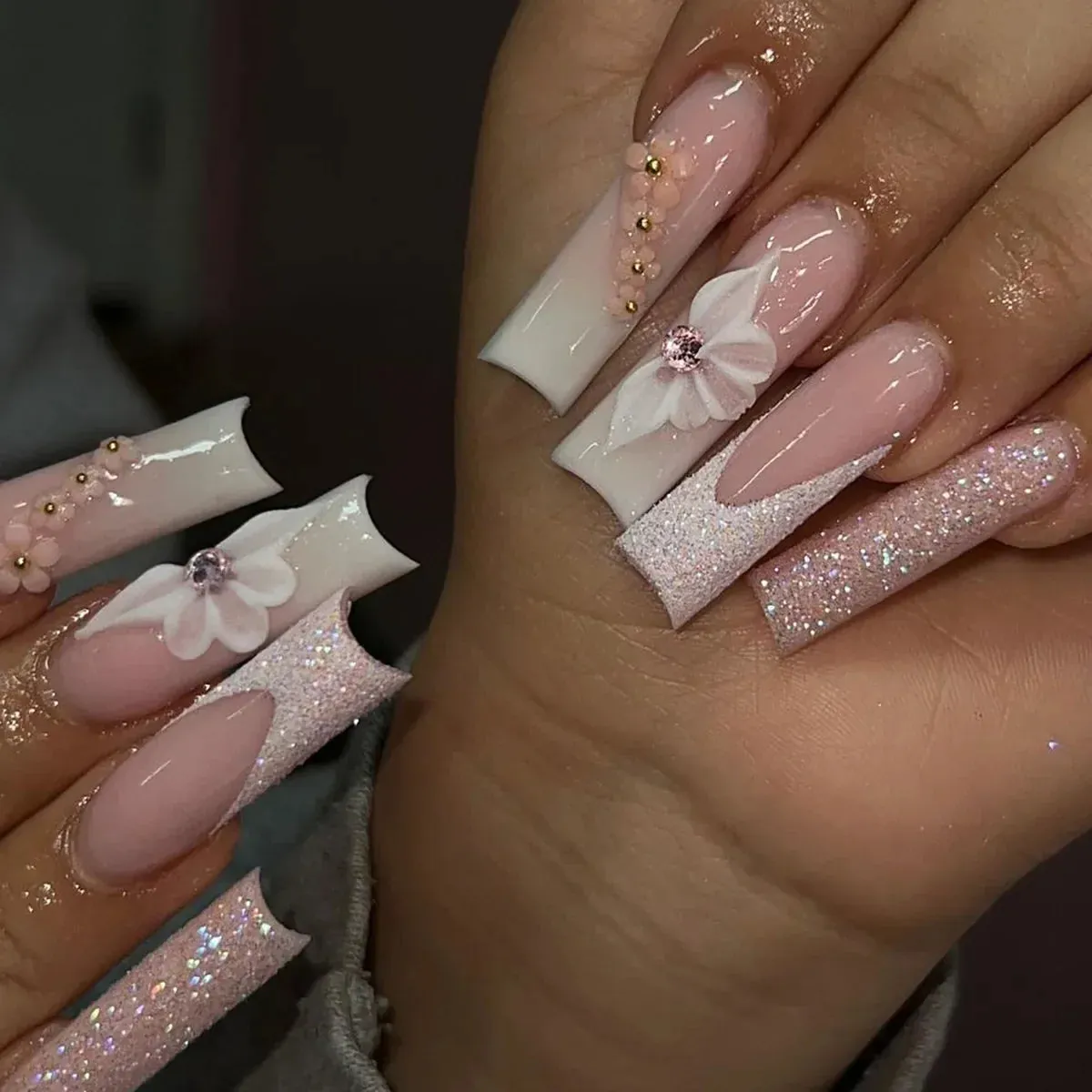 binfenxie 24pc Detachable Ballet Coffin French Fake Nails with Designs Butterfly Full Cover Press on Nails XL Artificial Nails with Glue