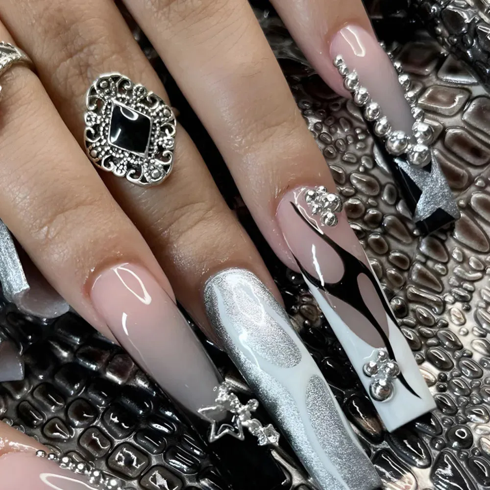 binfenxie 24pc Detachable Ballet Coffin French Fake Nails with Designs Butterfly Full Cover Press on Nails XL Artificial Nails with Glue