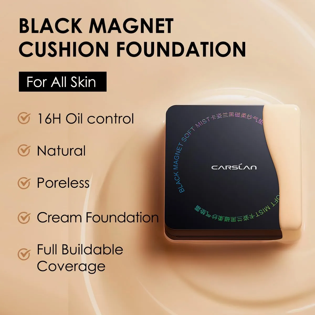 Black Magnet Cushion Foundation - Full Buildable Coverage, Moisturizing, Lightweight, 16H Long-Lasting Glow Looking, Refill Included, 03.Medium Beige