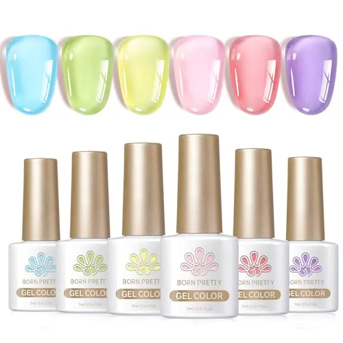 Born Pretty Jelly Gel Nail Polish Ice Jelly Neon Halloween Gel Polish Crystal Transparent Gel Polish Set Yellow Green Blue Purple Hot Pink Nail Art Varnish Manicure 6PCS Halloween's Collection Gift