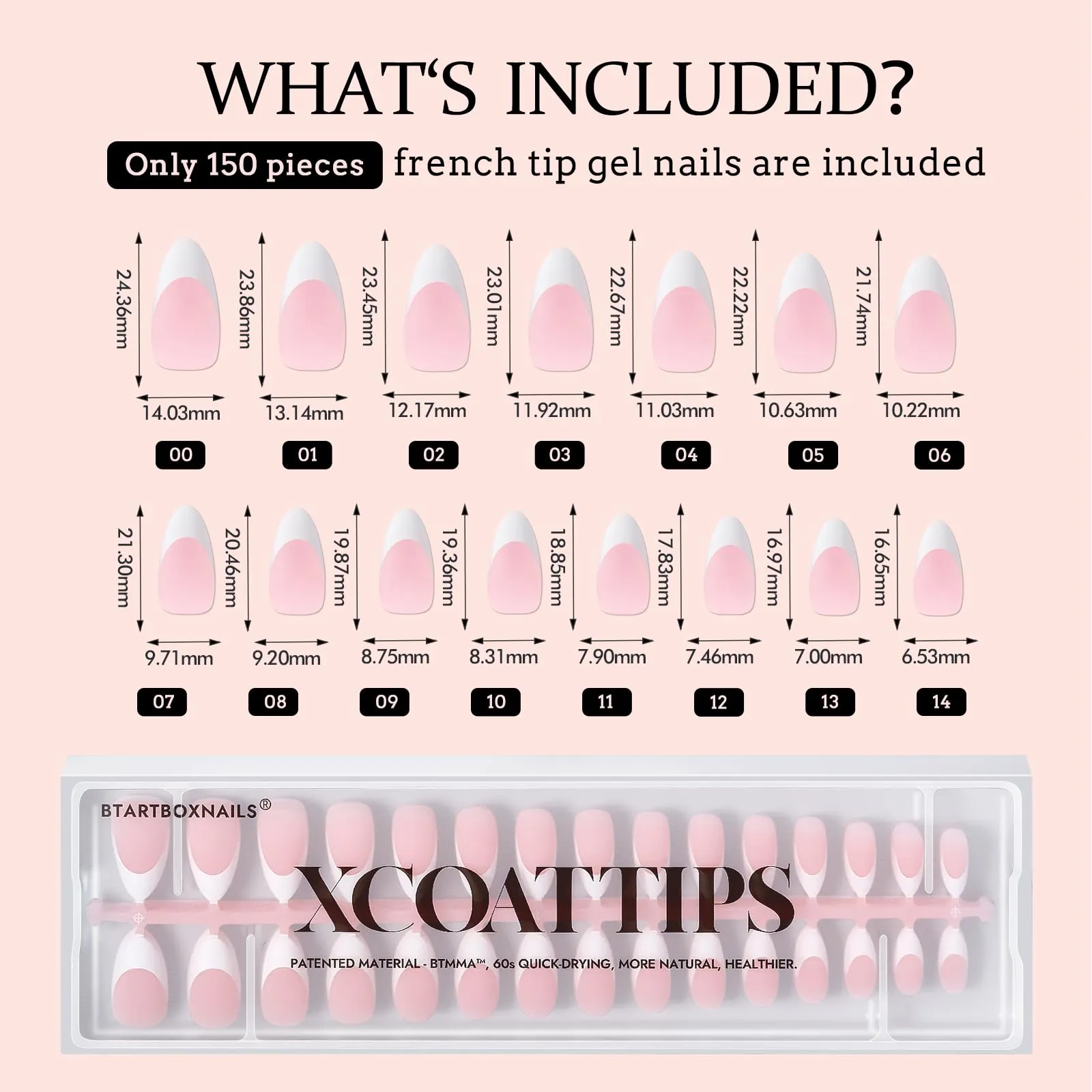 BTArtboxnails French Gel Nail Tips - French Tip Press on Nails Pink Medium Almond XCOATTIPS Pre-applied Tip Primer & Base Coat, No Need to File Fake Nails for Nail Art DIY