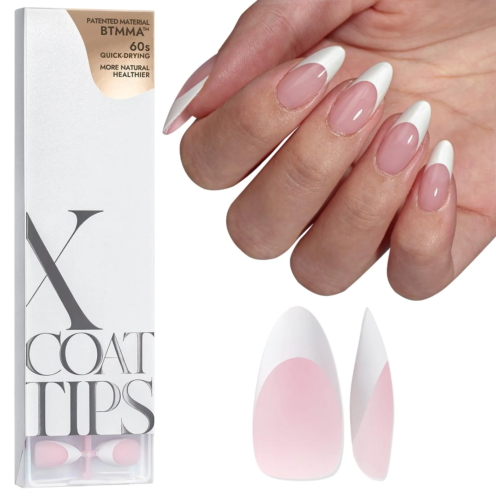 BTArtboxnails French Gel Nail Tips - French Tip Press on Nails Pink Medium Almond XCOATTIPS Pre-applied Tip Primer & Base Coat, No Need to File Fake Nails for Nail Art DIY