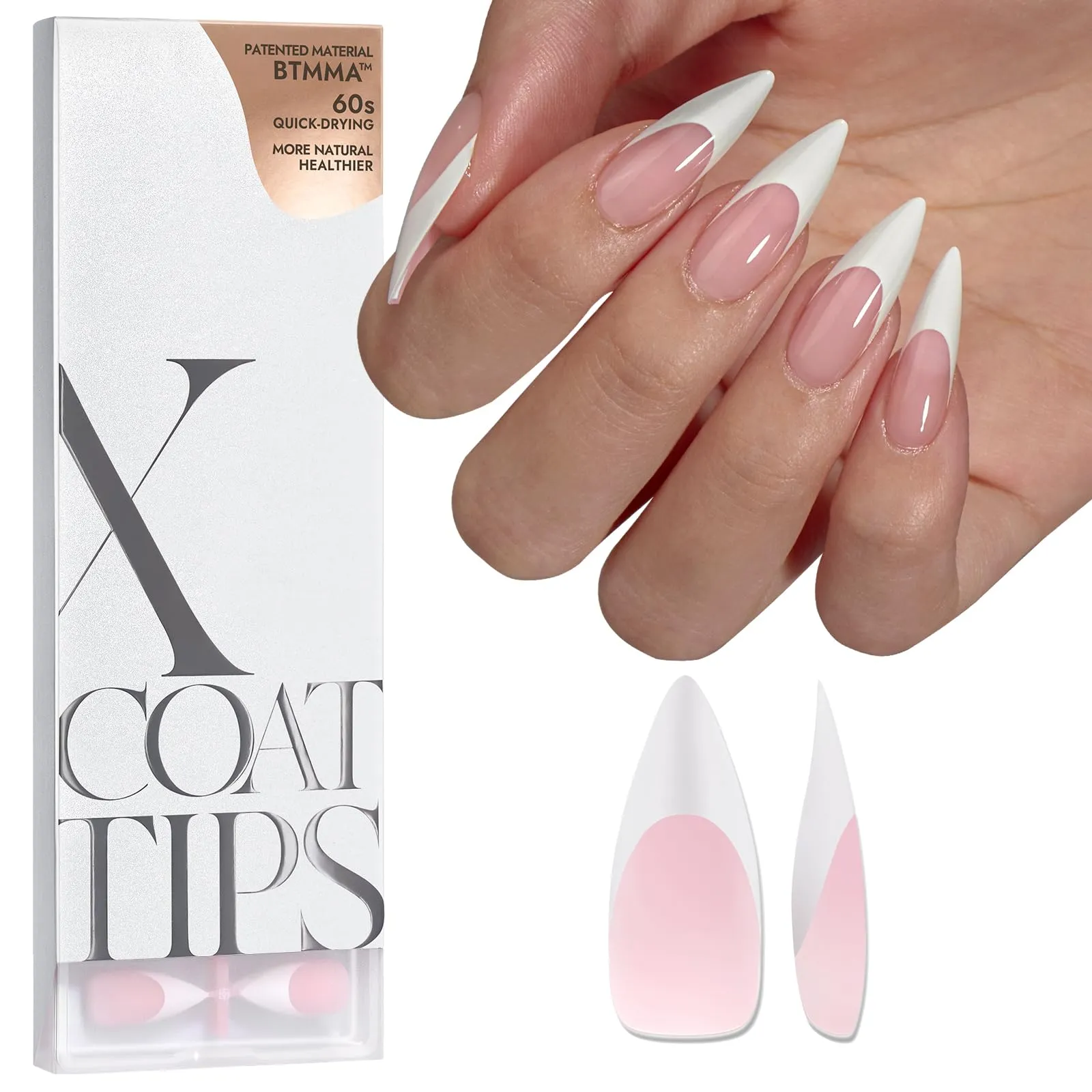 BTArtboxnails French Gel Nail Tips - Press on Nails Pink Long Stiletto XCOATTIPS Pre-applied Tip Primer & Base Coat, No Need to File Fake Nails for Nail Art DIY