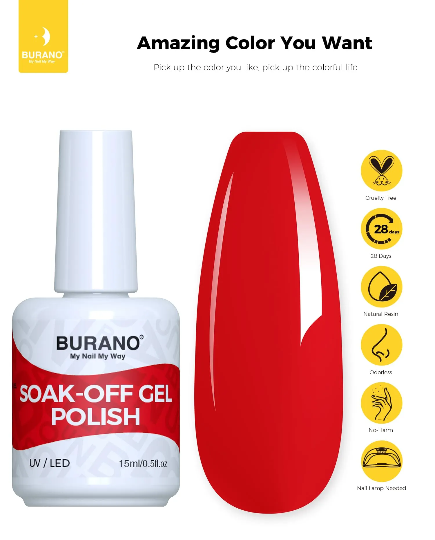BURANO Gel Nail Polish, Gel Gel Polish 15ml Gel Colors Gel Neon Gel Soak Off UV Led Nail Lamp Gel Polish 1 Bottle 0.5 Oz Nail Art DIY Home Hot Color Nails (Pure Red 25)