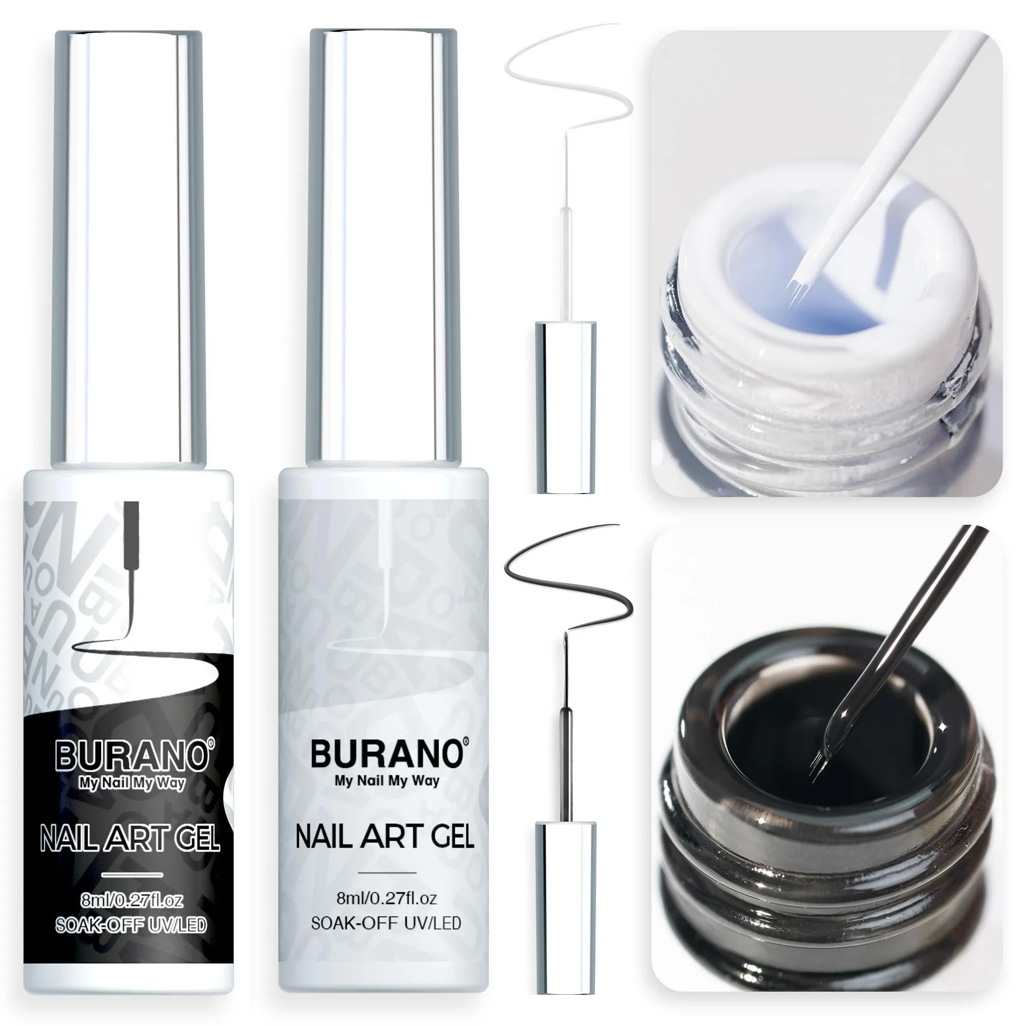 BURANO Gel Nail Polish Liner Nail Art Polish, Black White Painted Gel Nail Design Polish 2 Bottle 8ml, Build in Thin Nail Brush Gel Nail Polish Curing Required
