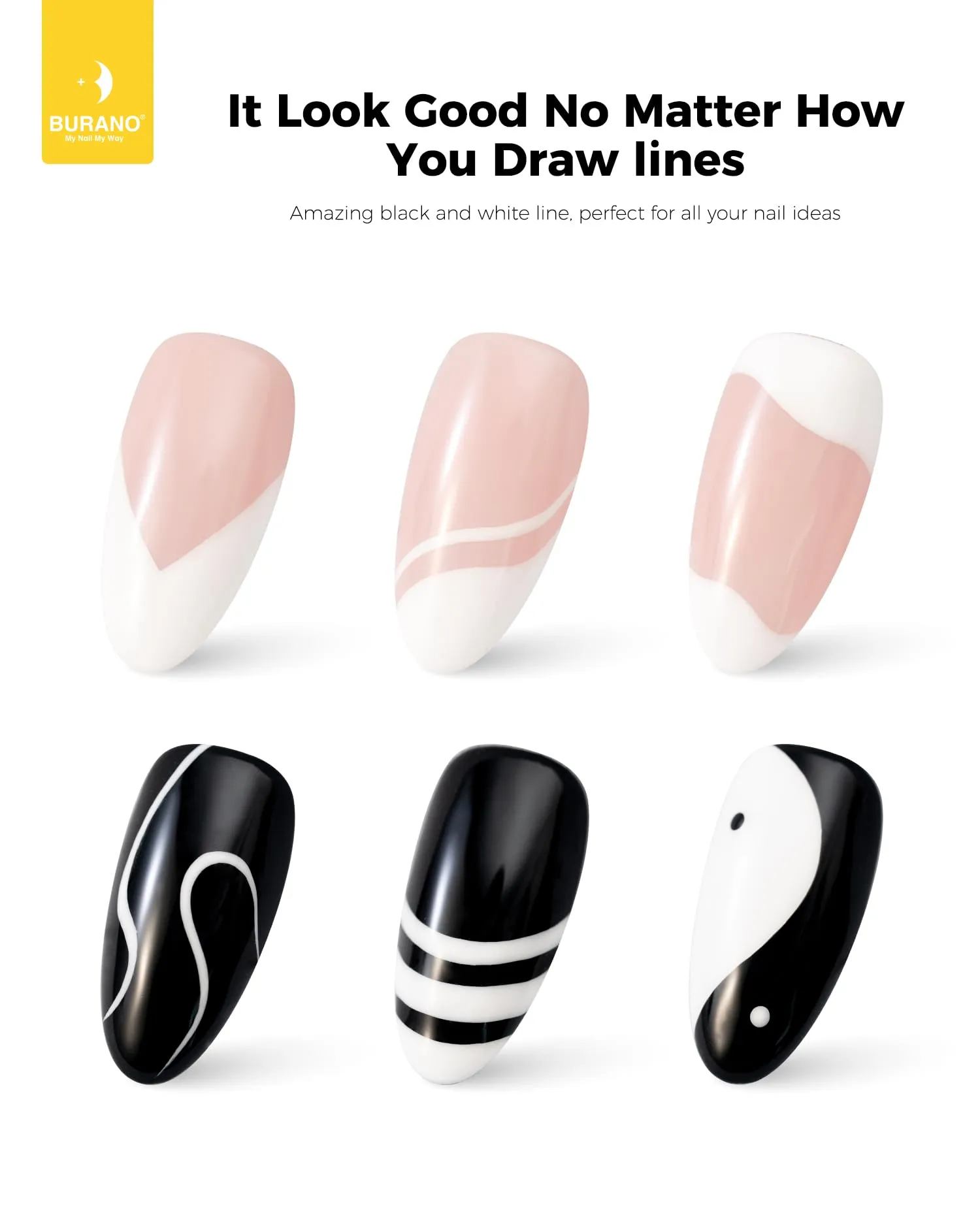 BURANO Gel Nail Polish Liner Nail Art Polish, Black White Painted Gel Nail Design Polish 2 Bottle 8ml, Build in Thin Nail Brush Gel Nail Polish Curing Required