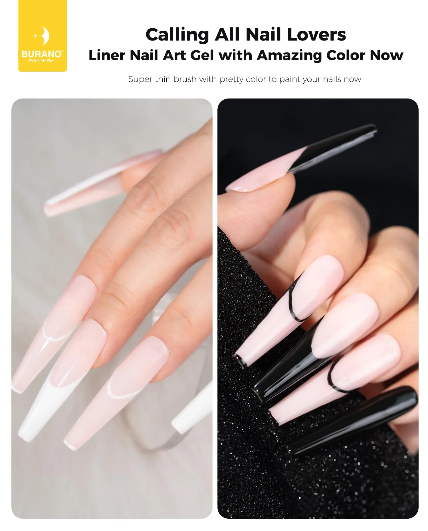 BURANO Gel Nail Polish Liner Nail Art Polish, Black White Painted Gel Nail Design Polish 2 Bottle 8ml, Build in Thin Nail Brush Gel Nail Polish Curing Required