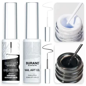 BURANO Gel Nail Polish Liner Nail Art Polish, Black White Painted Gel Nail Design Polish 2 Bottle 8ml, Build in Thin Nail Brush Gel Nail Polish Curing Required
