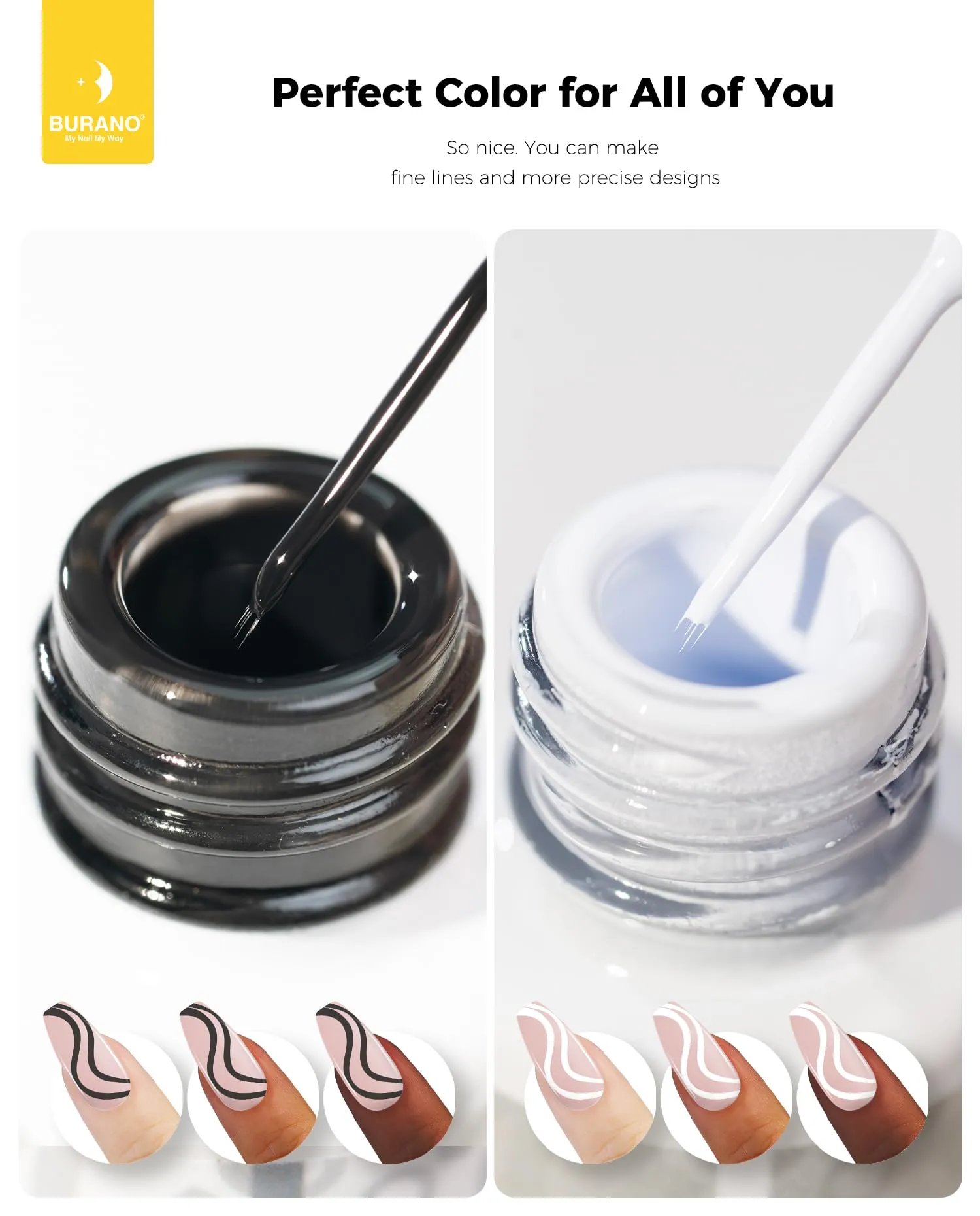 BURANO Gel Nail Polish Liner Nail Art Polish, Black White Painted Gel Nail Design Polish 2 Bottle 8ml, Build in Thin Nail Brush Gel Nail Polish Curing Required