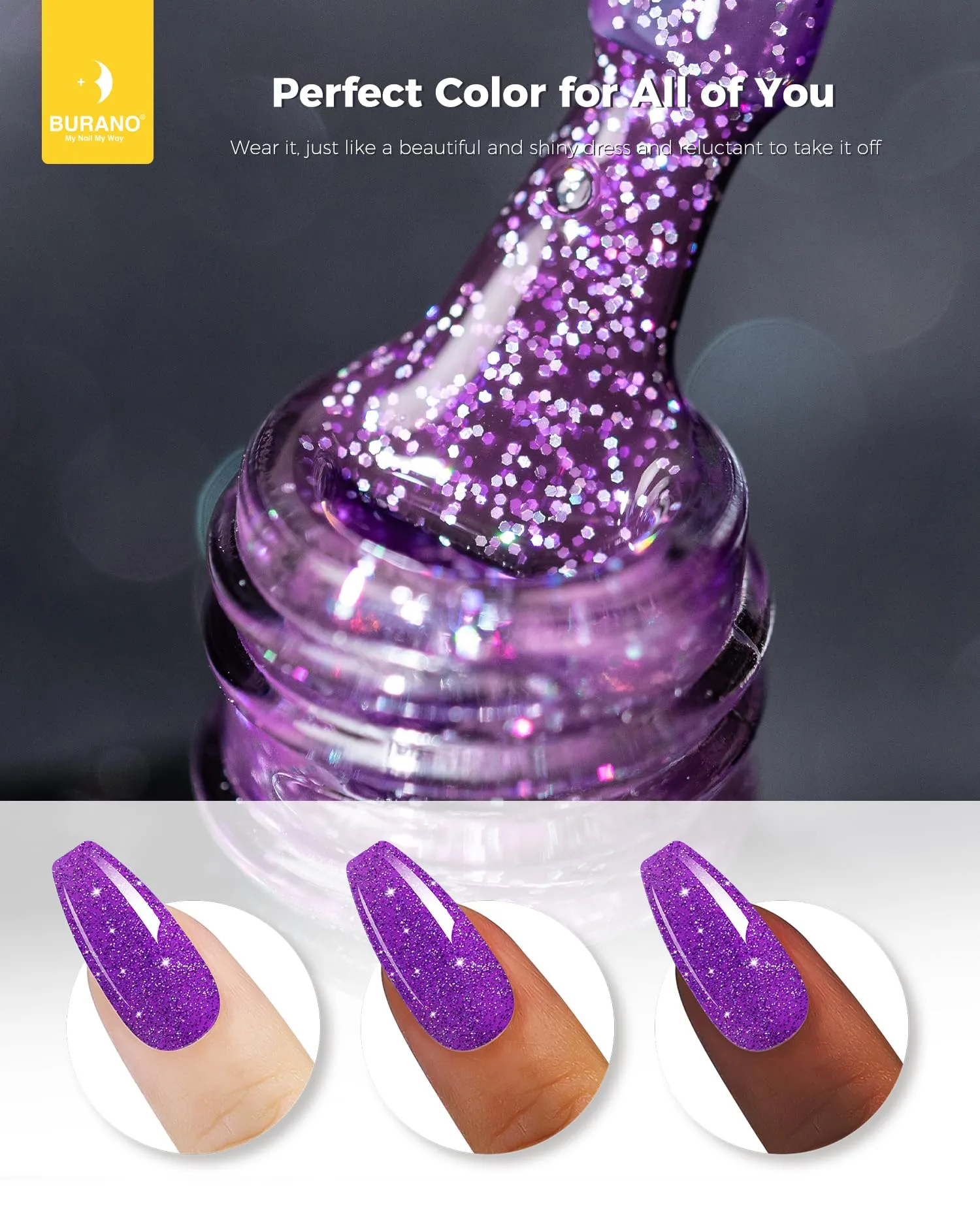 BURANO Glitter Gel Nail Polish, LED UV Nail Gel Shimmer Holographic Effect Soak off Gel Curing Required, No Chip Gel Polish Sparkle Gel Home DIY Nail Salon (Deep Purple LP46)