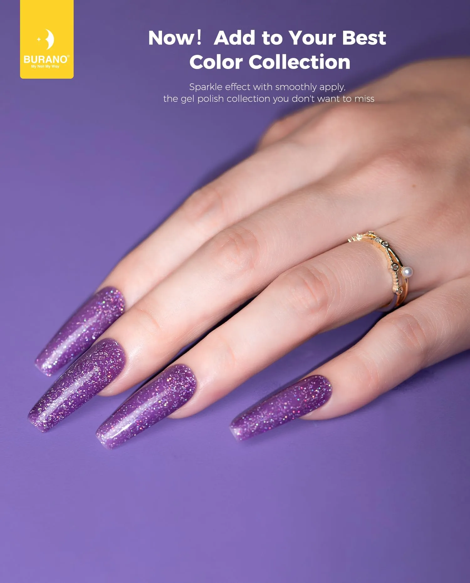 BURANO Glitter Gel Nail Polish, LED UV Nail Gel Shimmer Holographic Effect Soak off Gel Curing Required, No Chip Gel Polish Sparkle Gel Home DIY Nail Salon (Deep Purple LP46)