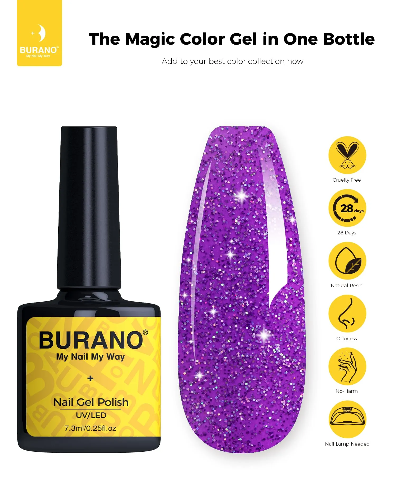 BURANO Glitter Gel Nail Polish, LED UV Nail Gel Shimmer Holographic Effect Soak off Gel Curing Required, No Chip Gel Polish Sparkle Gel Home DIY Nail Salon (Deep Purple LP46)
