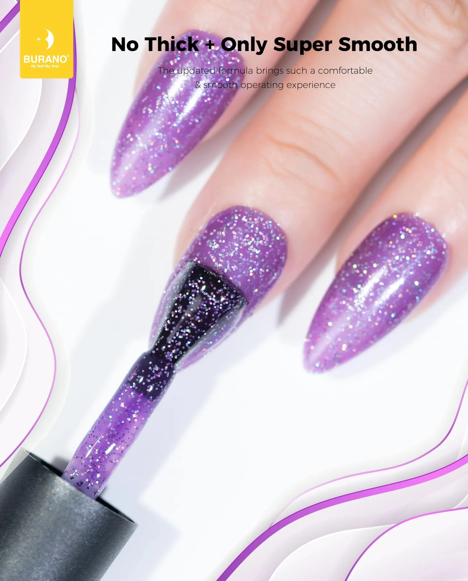 BURANO Glitter Gel Nail Polish, LED UV Nail Gel Shimmer Holographic Effect Soak off Gel Curing Required, No Chip Gel Polish Sparkle Gel Home DIY Nail Salon (Deep Purple LP46)