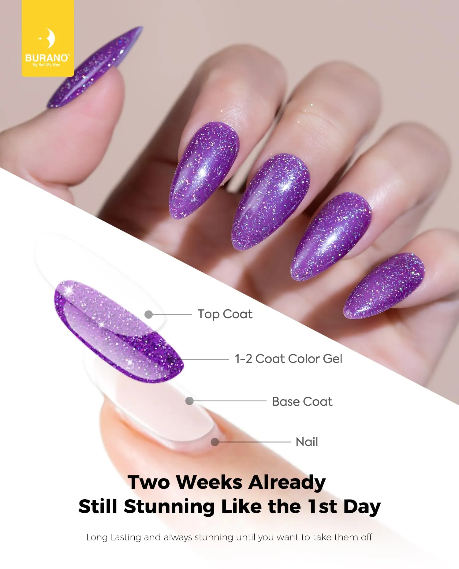 BURANO Glitter Gel Nail Polish, LED UV Nail Gel Shimmer Holographic Effect Soak off Gel Curing Required, No Chip Gel Polish Sparkle Gel Home DIY Nail Salon (Deep Purple LP46)
