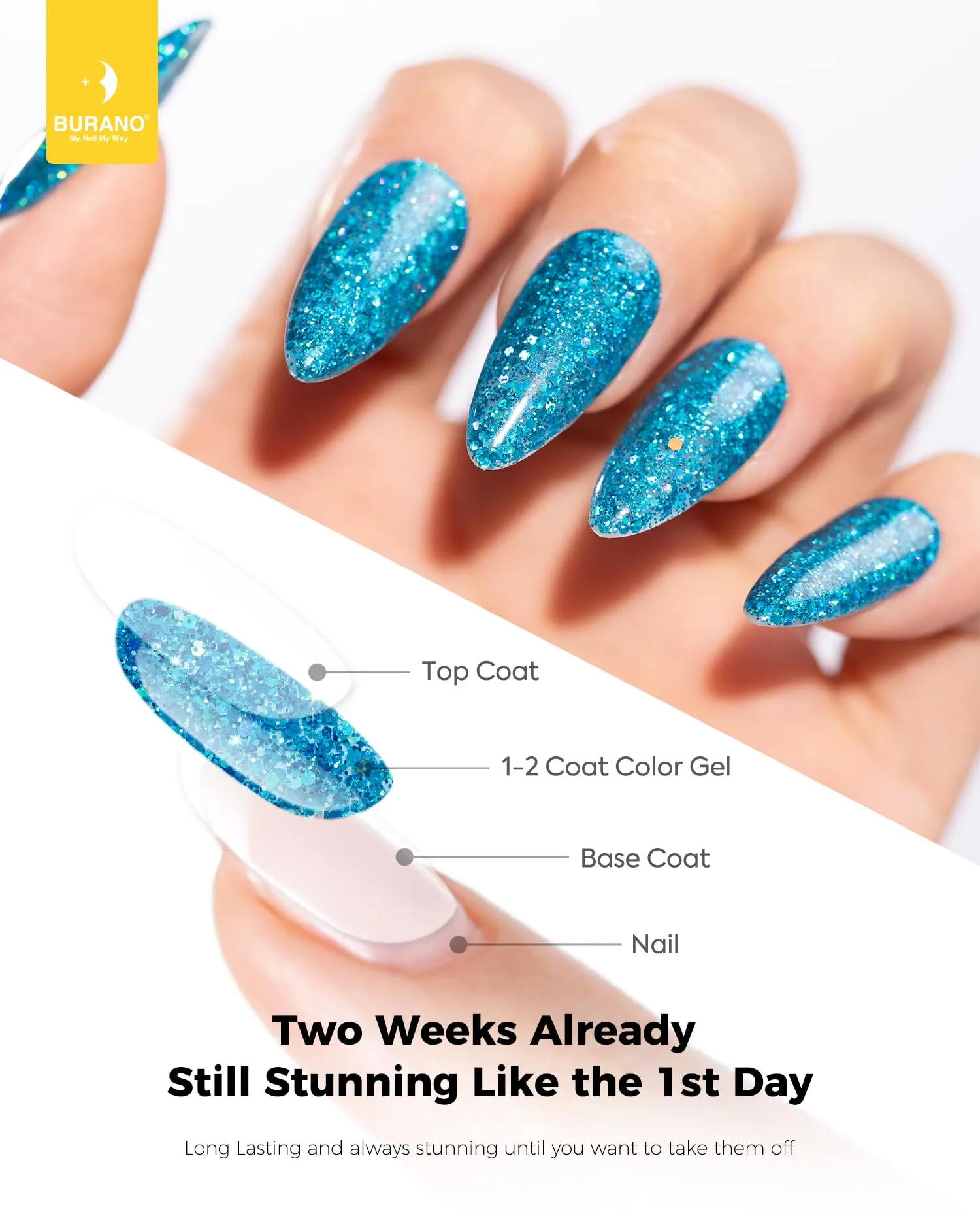 BURANO Glitter Gel Nail Polish, LED UV Nail Gel Shimmer Holographic Effect Soak off Gel Curing Required, No Chip Gel Polish Sparkle Gel Home DIY Nail Salon (Lake LP42)