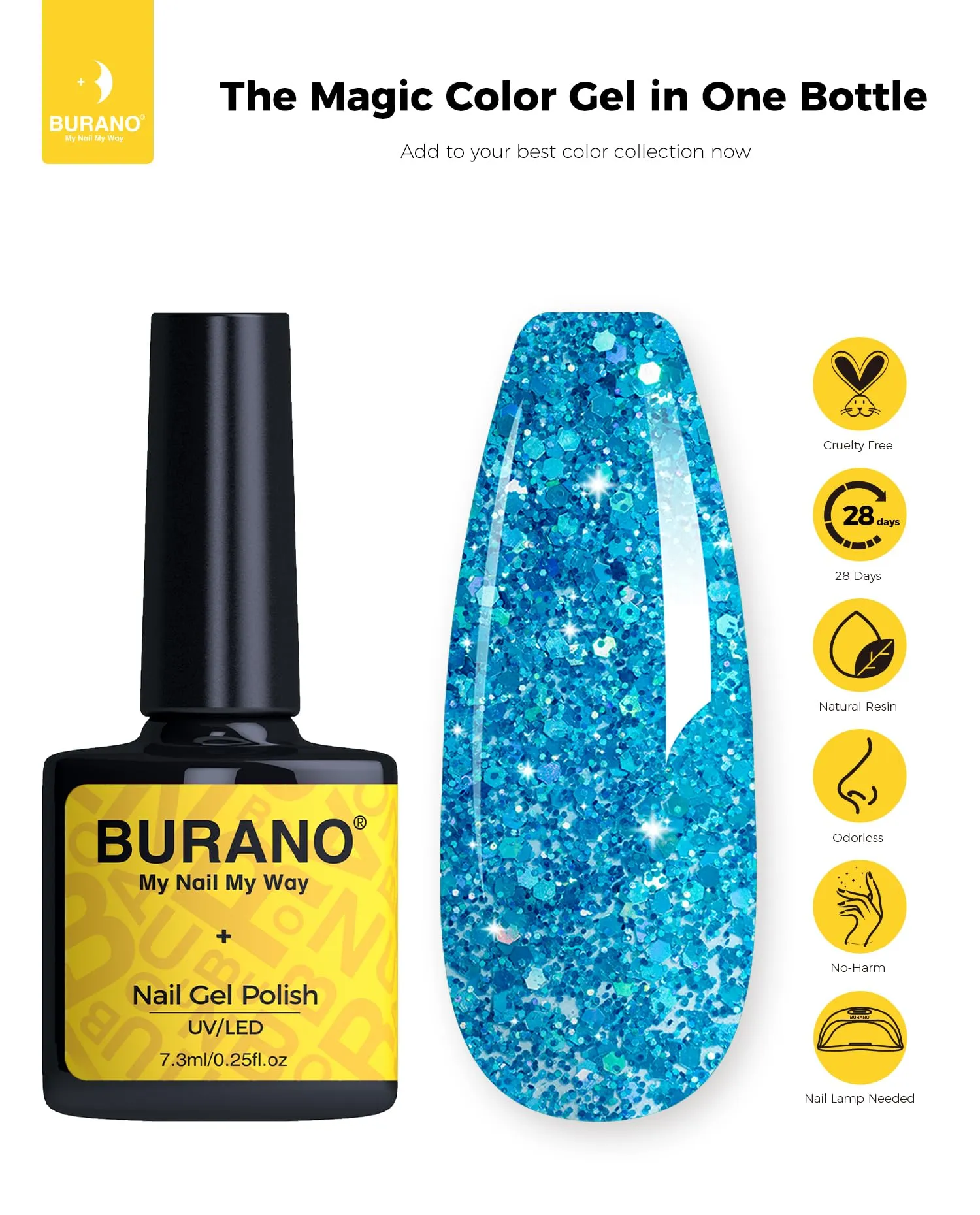 BURANO Glitter Gel Nail Polish, LED UV Nail Gel Shimmer Holographic Effect Soak off Gel Curing Required, No Chip Gel Polish Sparkle Gel Home DIY Nail Salon (Lake LP42)