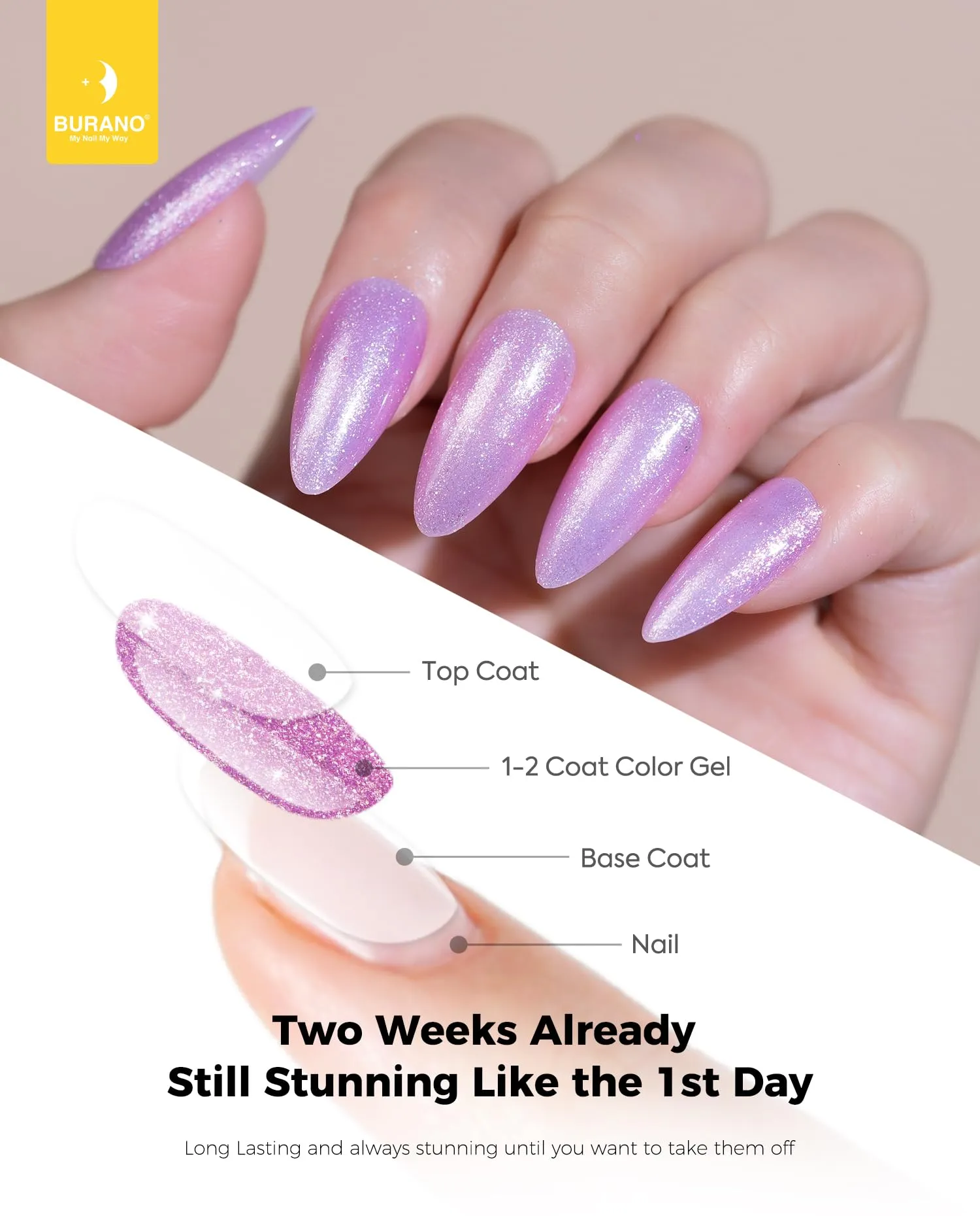BURANO Glitter Gel Nail Polish, LED UV Nail Gel Shimmer Holographic Effect Soak off Gel Curing Required, No Chip Gel Polish Sparkle Gel Home DIY Nail Salon (Light Pink LP57)