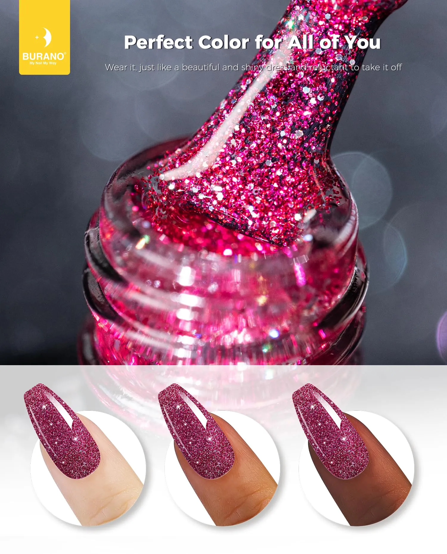 BURANO Glitter Gel Nail Polish, LED UV Nail Gel Shimmer Holographic Effect Soak off Gel Curing Required, No Chip Gel Polish Sparkle Gel Home DIY Nail Salon (Rose LP50)
