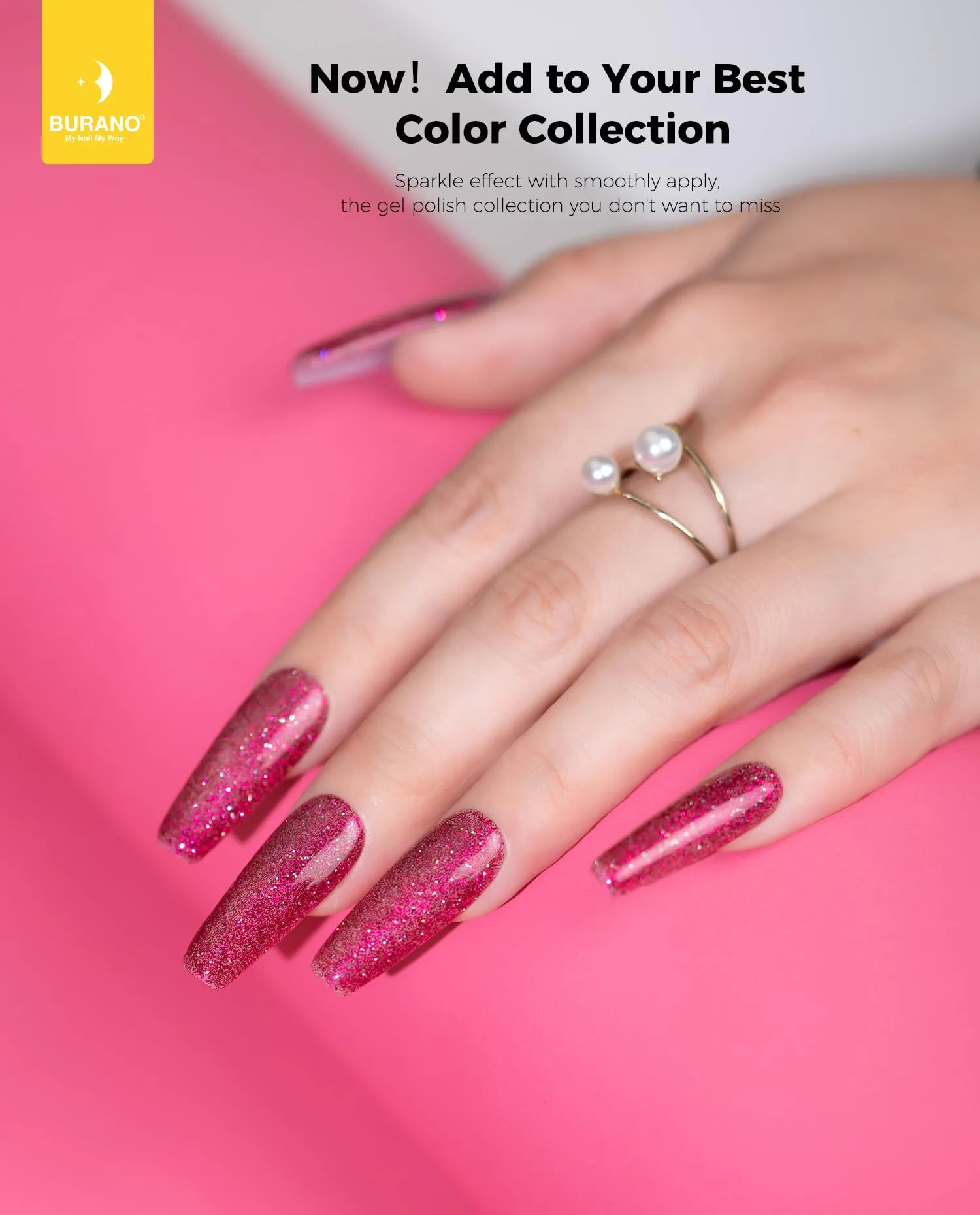 BURANO Glitter Gel Nail Polish, LED UV Nail Gel Shimmer Holographic Effect Soak off Gel Curing Required, No Chip Gel Polish Sparkle Gel Home DIY Nail Salon (Rose LP50)