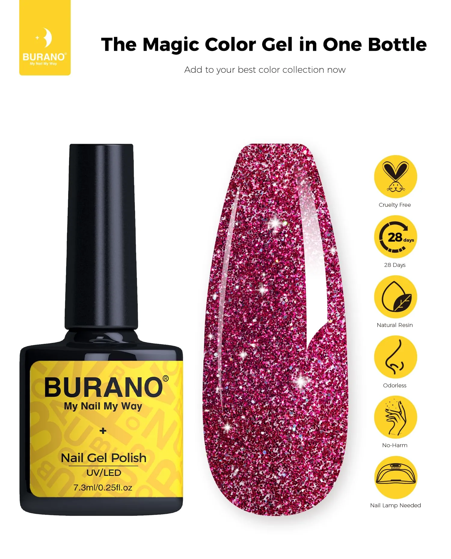 BURANO Glitter Gel Nail Polish, LED UV Nail Gel Shimmer Holographic Effect Soak off Gel Curing Required, No Chip Gel Polish Sparkle Gel Home DIY Nail Salon (Rose LP50)