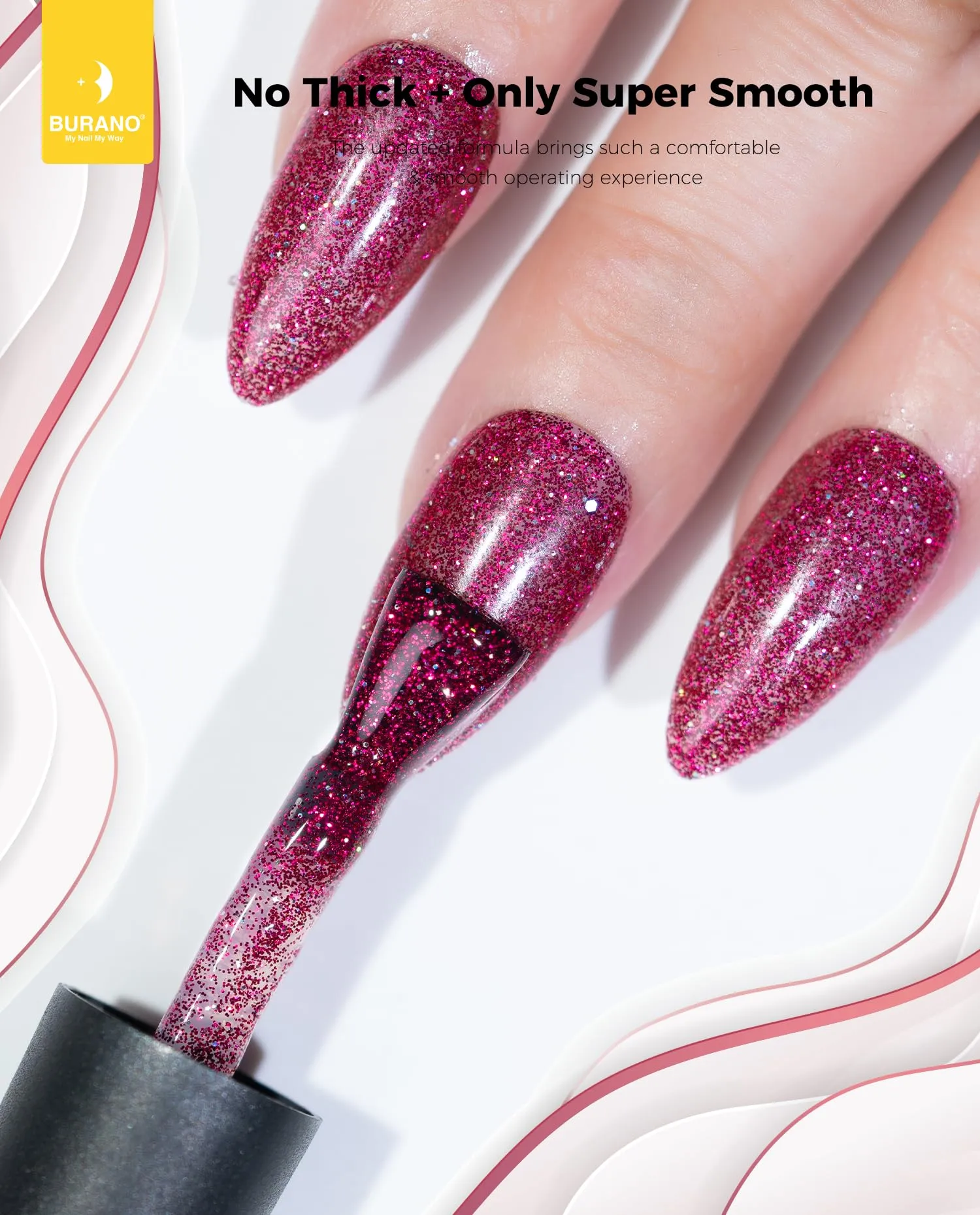 BURANO Glitter Gel Nail Polish, LED UV Nail Gel Shimmer Holographic Effect Soak off Gel Curing Required, No Chip Gel Polish Sparkle Gel Home DIY Nail Salon (Rose LP50)