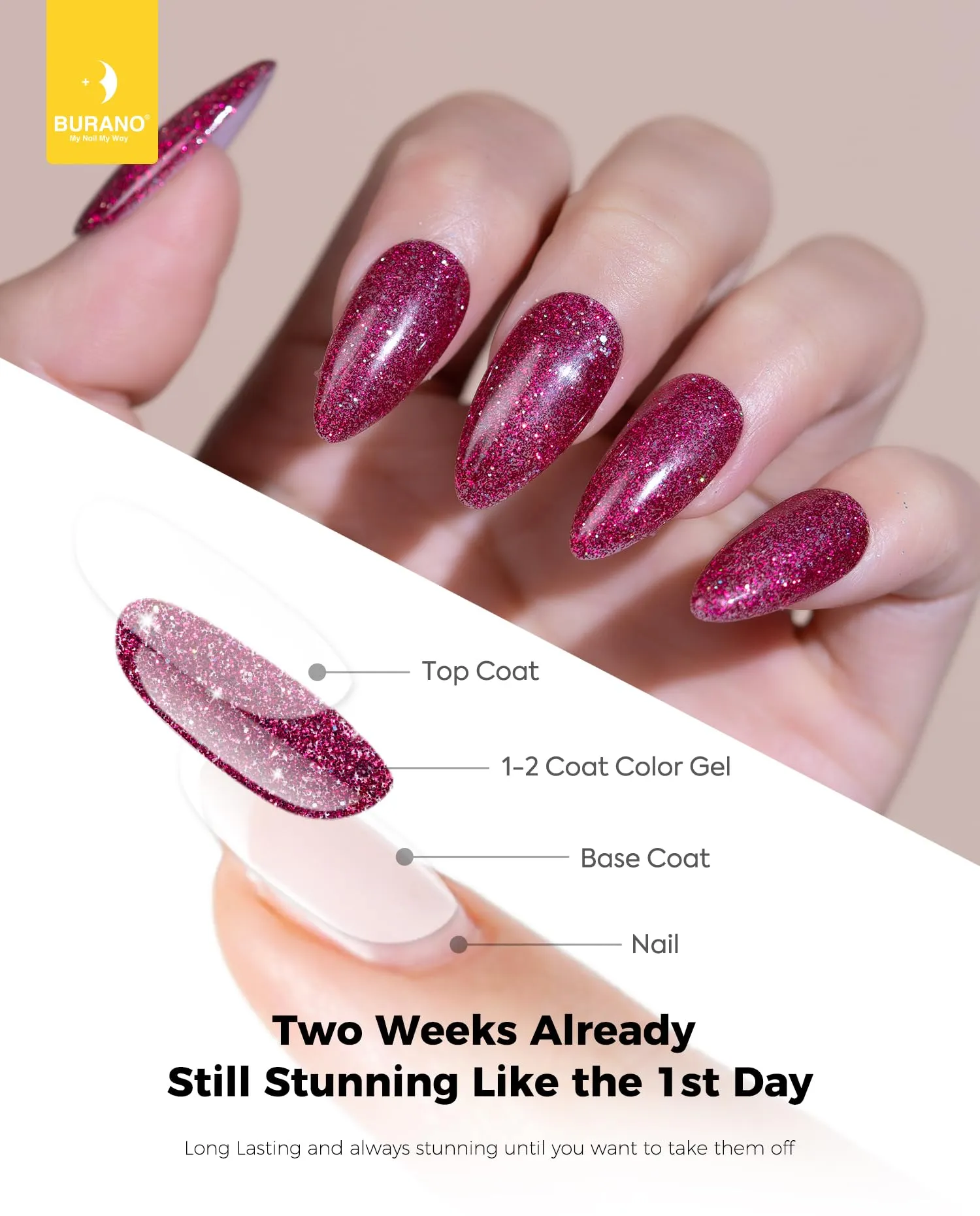 BURANO Glitter Gel Nail Polish, LED UV Nail Gel Shimmer Holographic Effect Soak off Gel Curing Required, No Chip Gel Polish Sparkle Gel Home DIY Nail Salon (Rose LP50)