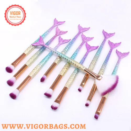 Candy Color Makeup Brushes Tool Set & Cosmetic Concealer Fish Tail Make Up Brushes Tools Combo Pack - MOQ 10 Pcs