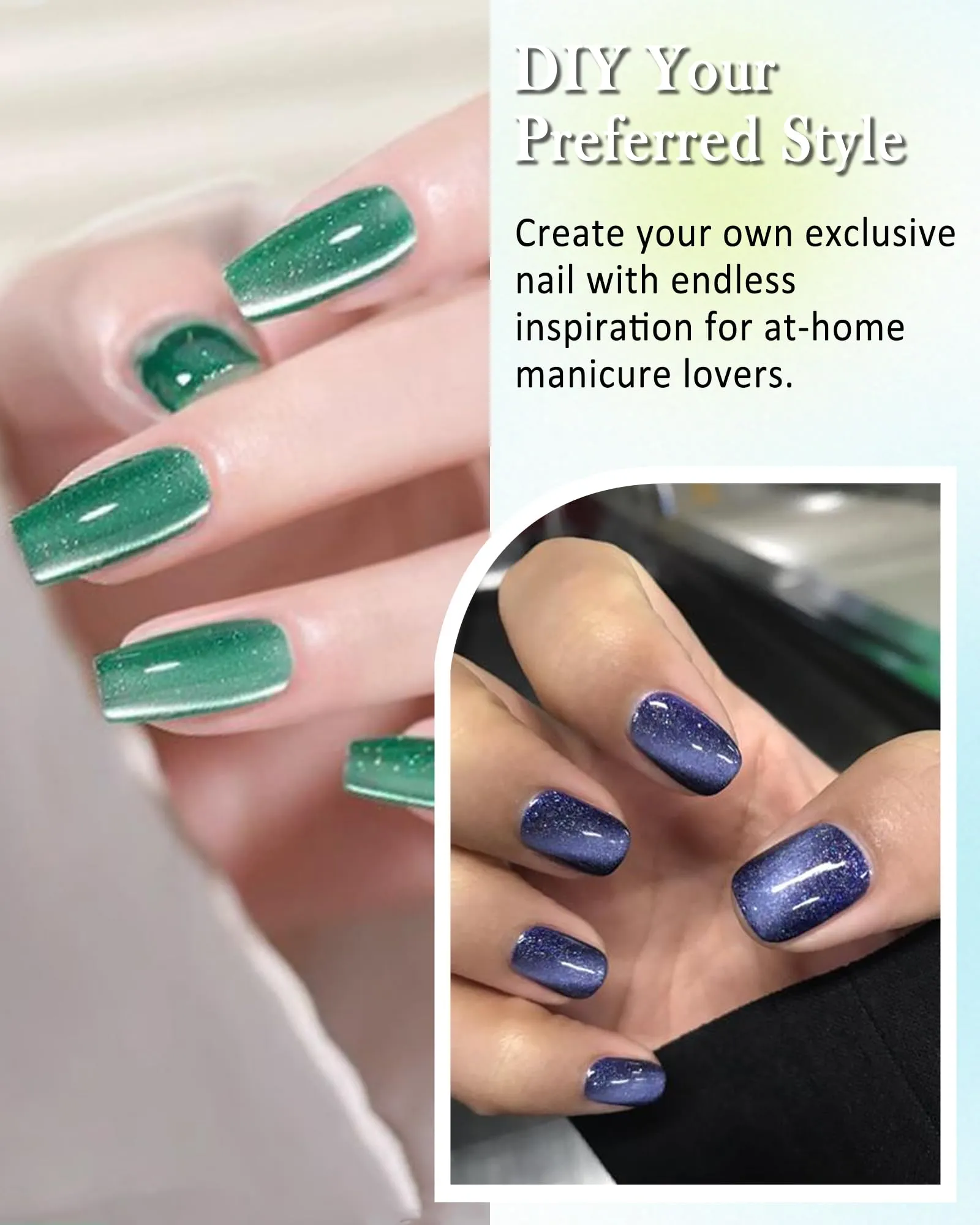 Cat Eye Nail Gel Polish Set, 2x8ml Crystal Holographic Soak Off Magnetic Gel Polish Set with Magnet, Glitter Reflective Shimmer Green Dark Blue French Gel Polish for Nail Art Manicure Salon DIY-05 10