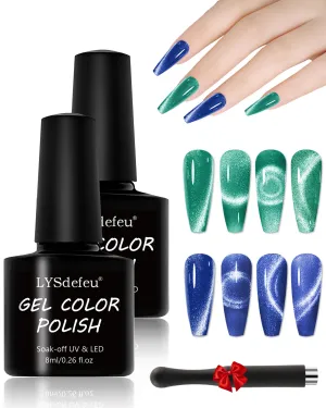 Cat Eye Nail Gel Polish Set, 2x8ml Crystal Holographic Soak Off Magnetic Gel Polish Set with Magnet, Glitter Reflective Shimmer Green Dark Blue French Gel Polish for Nail Art Manicure Salon DIY-05 10