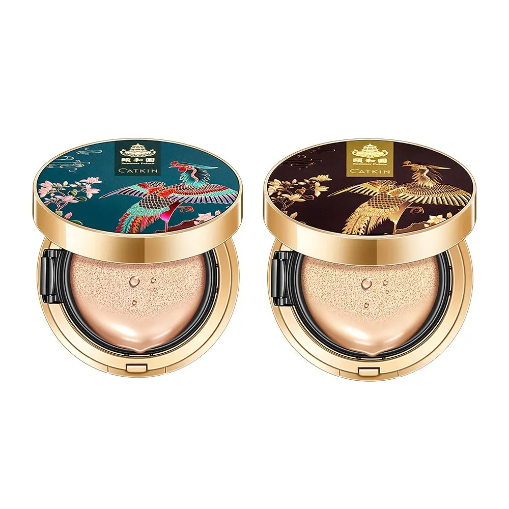 CATKIN 2Pcs Makeup Set Includes BB Cream Air Cushion Foundation C01 and C02 with Free Refill Moisturizing Natural Cover Concealer Long-lasting Makeup Oil Control Crossover Summer Palace