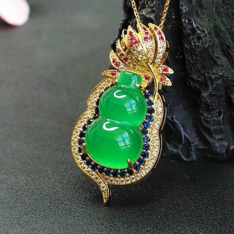 Chalcedony Gourd Pendant Necklace with Zircon Flower Detail