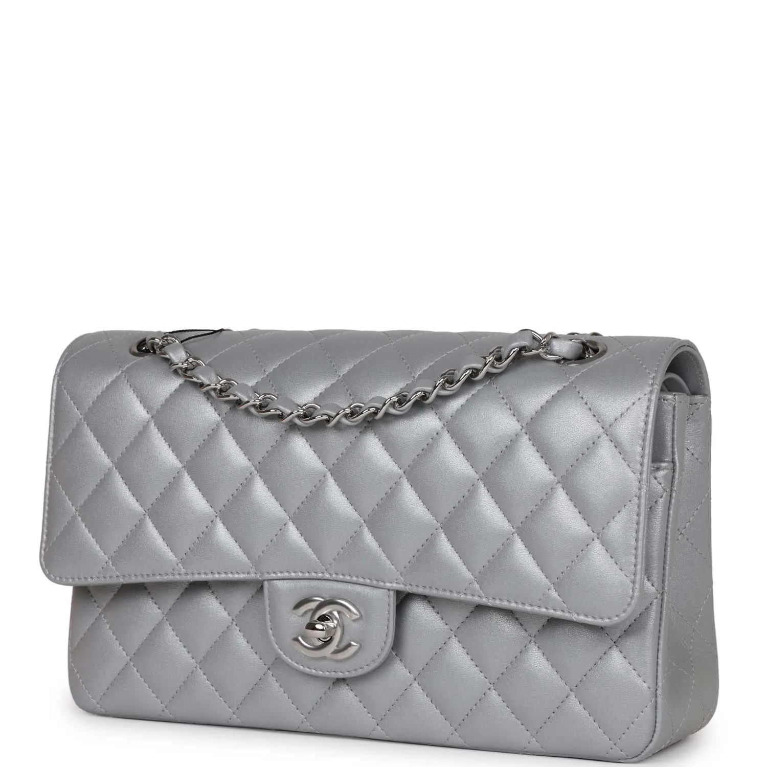 Chanel Medium Classic Double Flap Bag Silver Metallic Lambskin Silver Hardware