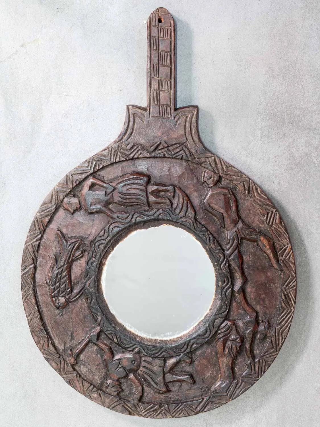 Circular Wooden Mirror with Carvings from Nepal