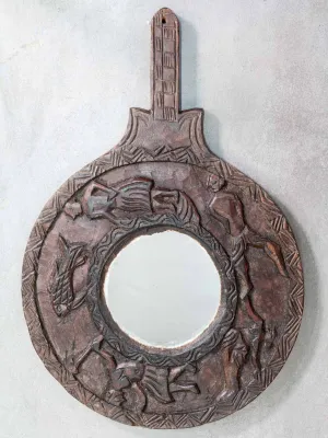 Circular Wooden Mirror with Carvings from Nepal