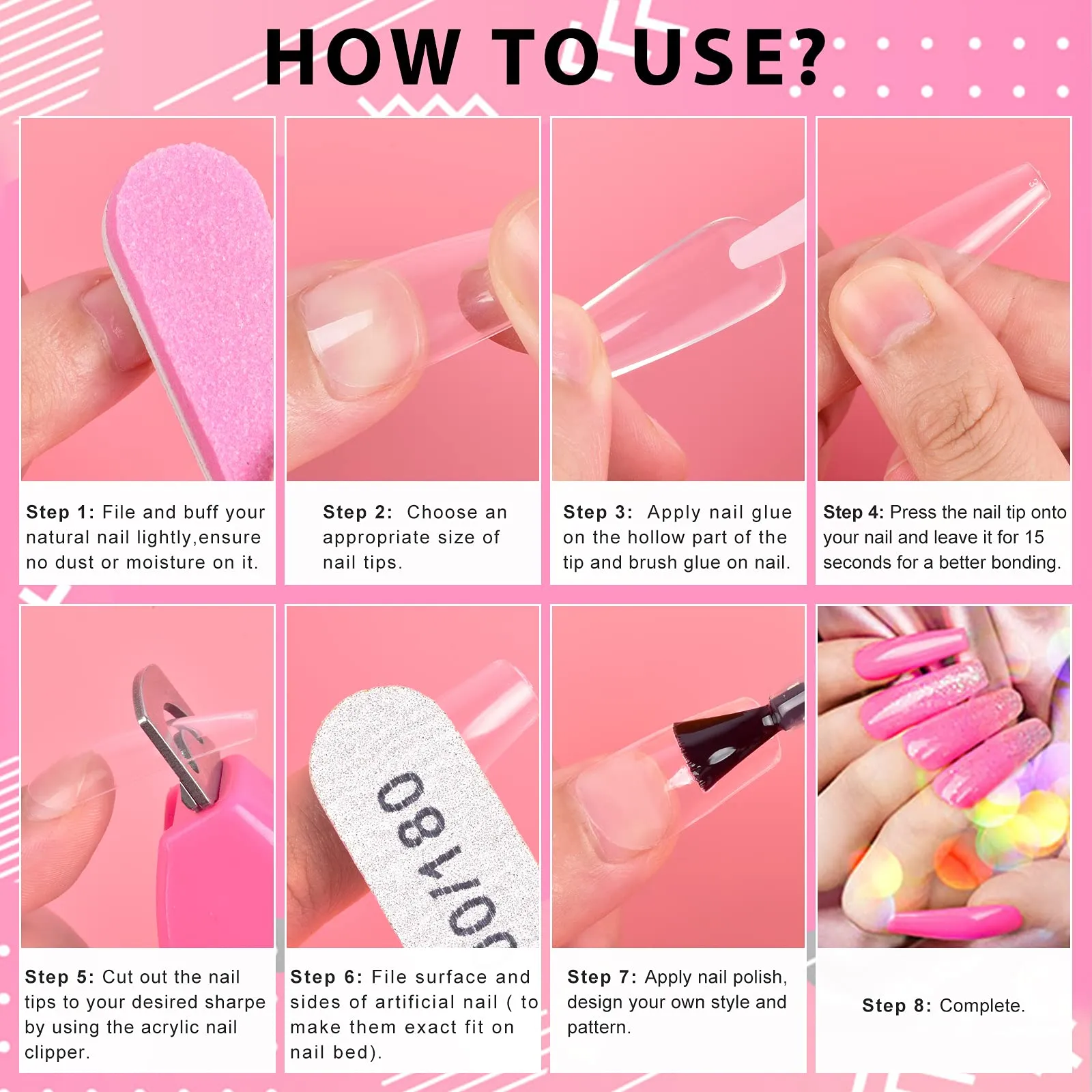 Clear False Coffin Nail Tips, MORGLES Full Cover Nail Tips Set with 500pcs Clear Press On Nails Fake Nail Tips with Nail Glue, Clipper, Files, Cuticle Pusher and Fork for Gel Nail Art DIY