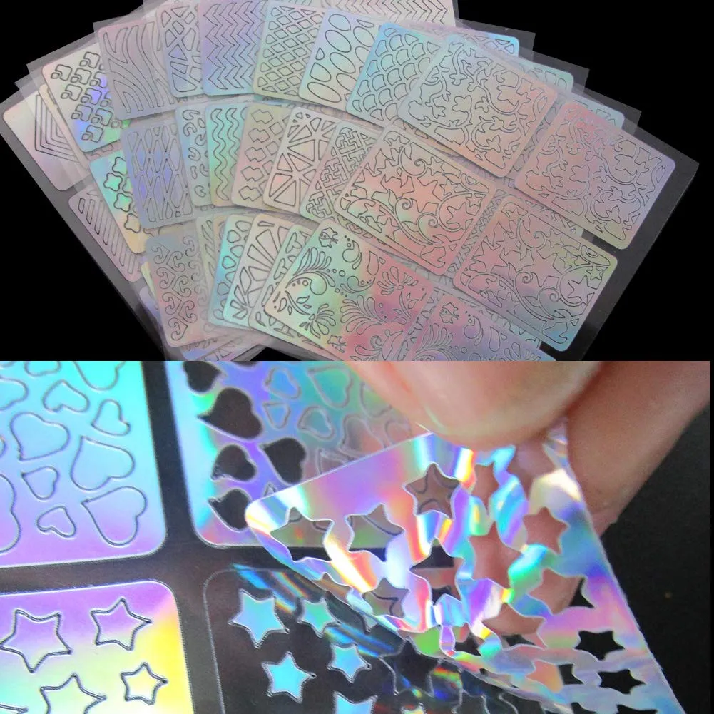 Clear French Nail Tips 500pc Acrylic Fake Nails Half Cover Artificial Nails, 24 Sheet Holographic Nail Stickers Vinyls, 12 Colors Iridescent Heart Glitter Sequins with Tweezers (NailTipsA)