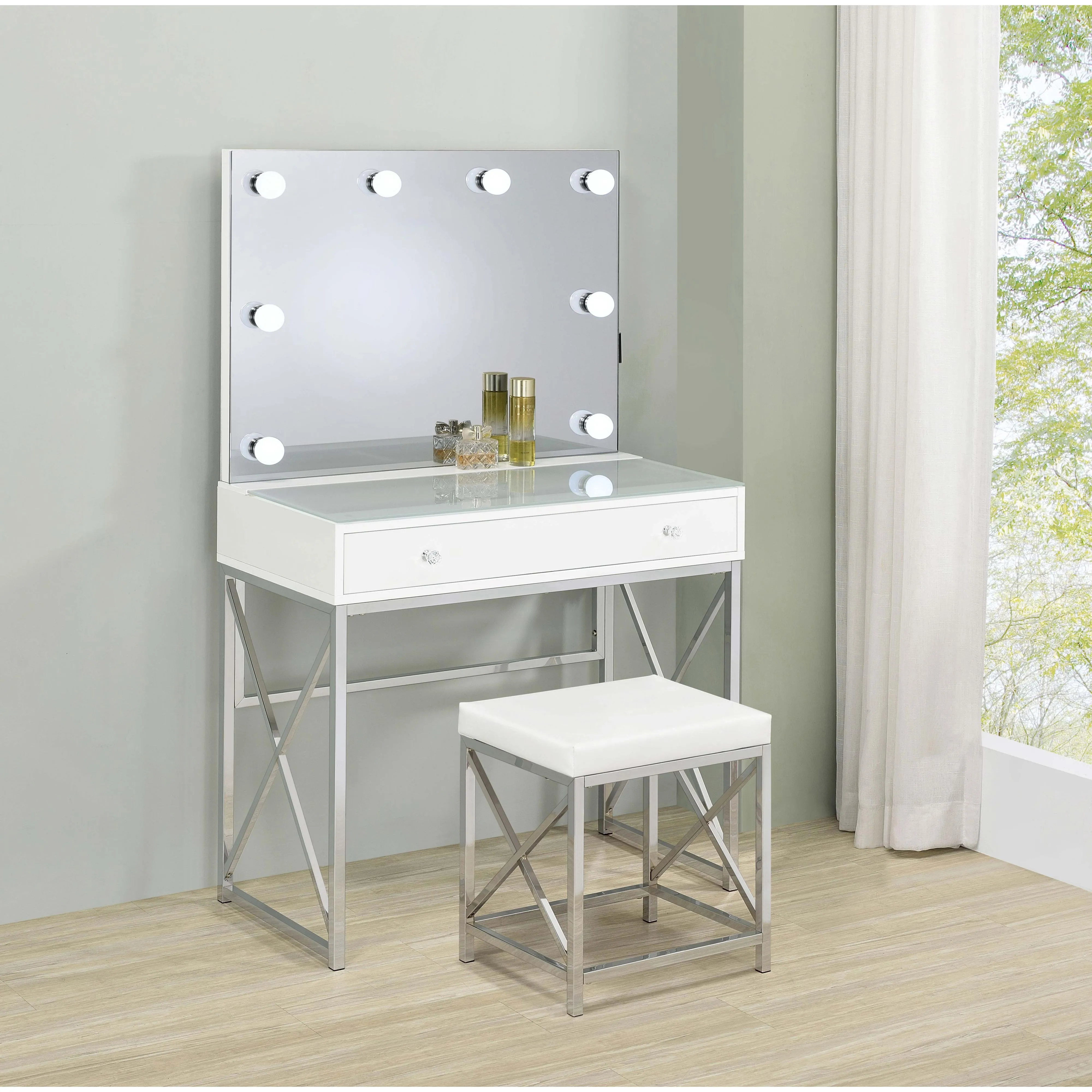 Coaster Furniture Eliza 936164 2-piece Vanity Set with Hollywood Lighting - White/Chrome