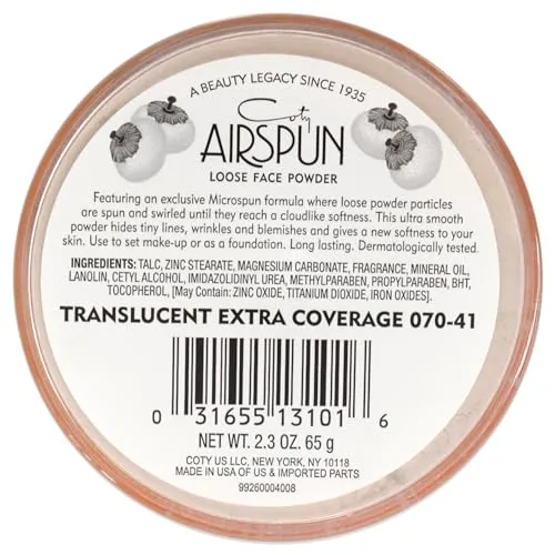 Coty Airspun Face Powder, Translucent Extra Coverage, 2.3 Ounce, Pack of 1