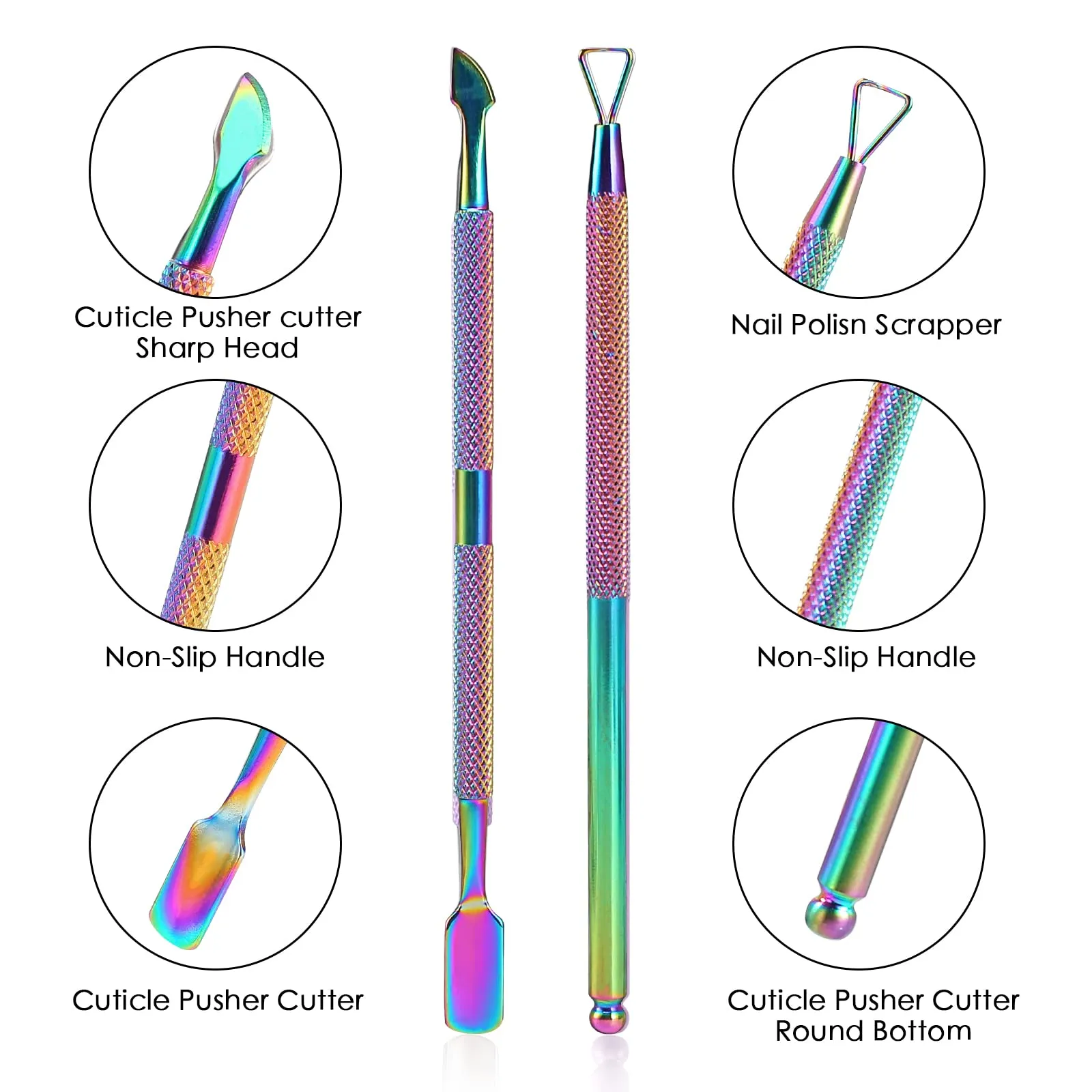 Cuticle Trimmer with Cuticle Pusher and Cutter,YINYIN Cuticle Remover Cutter Nipper Clippers Durable Pedicure Manicure Tools for Fingernails and Toenails(Rainbow)