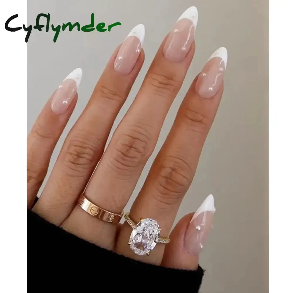 Cyflymder 24PCS French Oval False Nails Girls White Edge Design Nude Color Wearable Press on Nail Full Cover Short Acrylic Almond Fake Nails