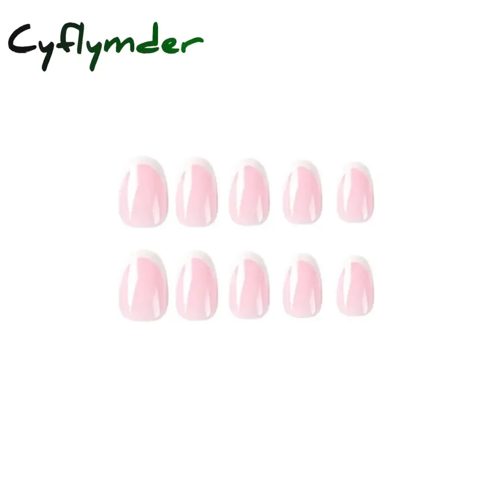 Cyflymder 24PCS French Oval False Nails Girls White Edge Design Nude Color Wearable Press on Nail Full Cover Short Acrylic Almond Fake Nails