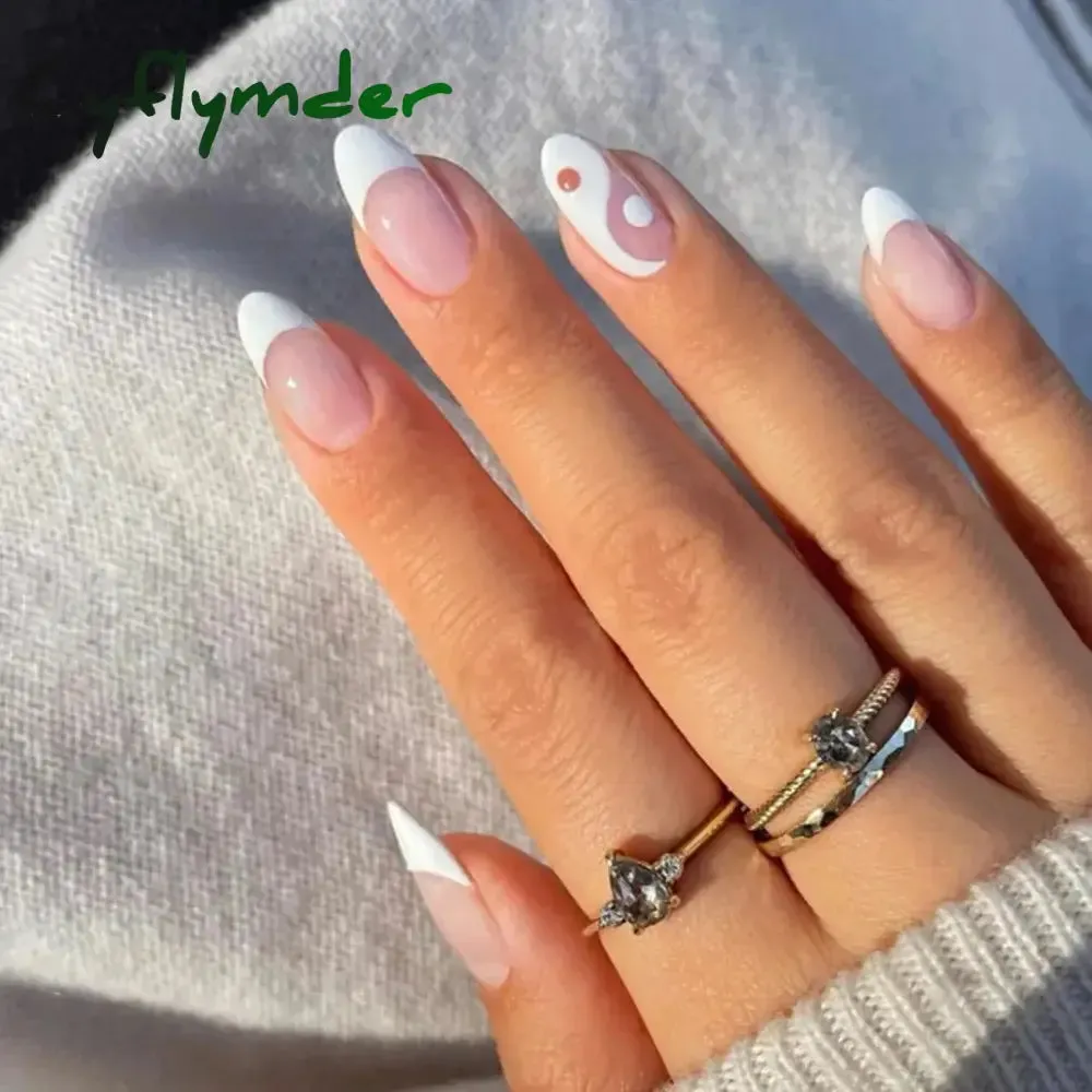 Cyflymder 24PCS French Oval False Nails Girls White Edge Design Nude Color Wearable Press on Nail Full Cover Short Acrylic Almond Fake Nails