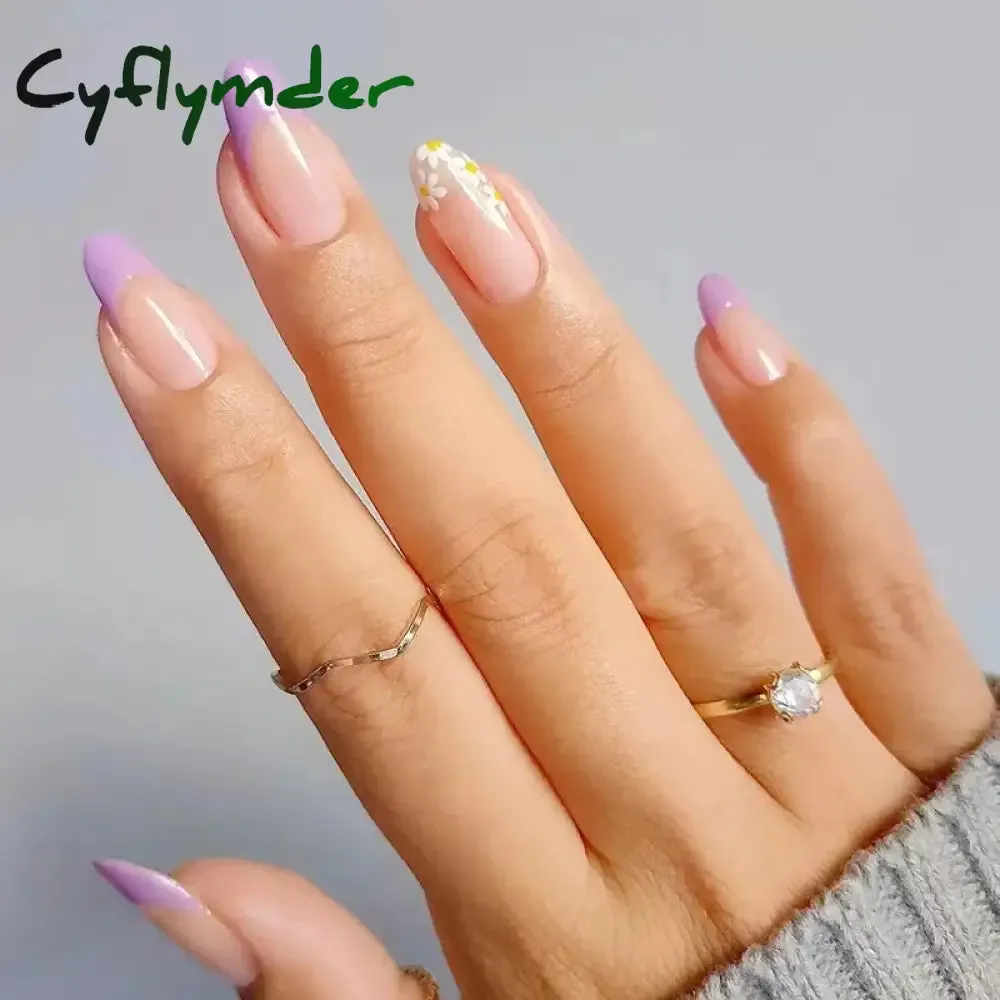 Cyflymder 24PCS French Oval False Nails Girls White Edge Design Nude Color Wearable Press on Nail Full Cover Short Acrylic Almond Fake Nails