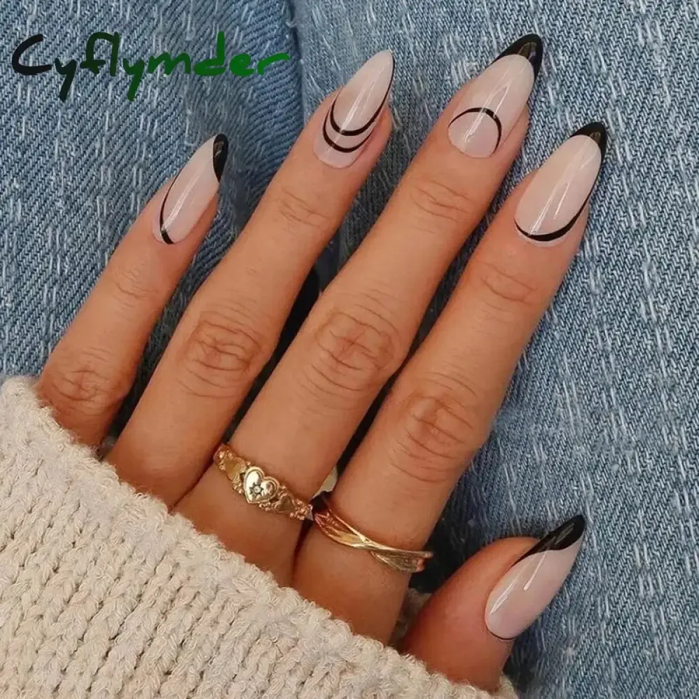 Cyflymder 24PCS French Oval False Nails Girls White Edge Design Nude Color Wearable Press on Nail Full Cover Short Acrylic Almond Fake Nails
