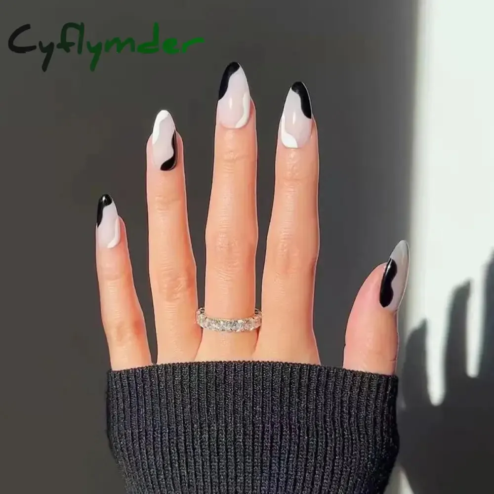 Cyflymder 24PCS French Oval False Nails Girls White Edge Design Nude Color Wearable Press on Nail Full Cover Short Acrylic Almond Fake Nails