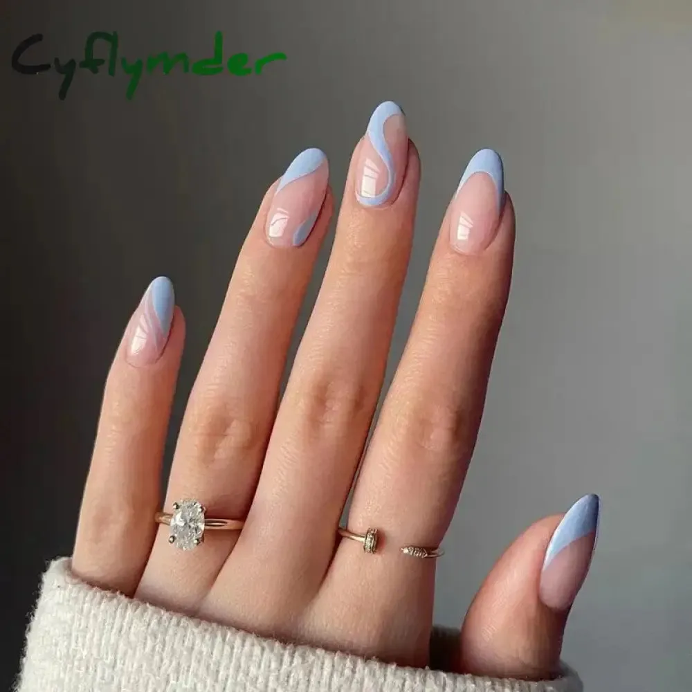 Cyflymder 24PCS French Oval False Nails Girls White Edge Design Nude Color Wearable Press on Nail Full Cover Short Acrylic Almond Fake Nails