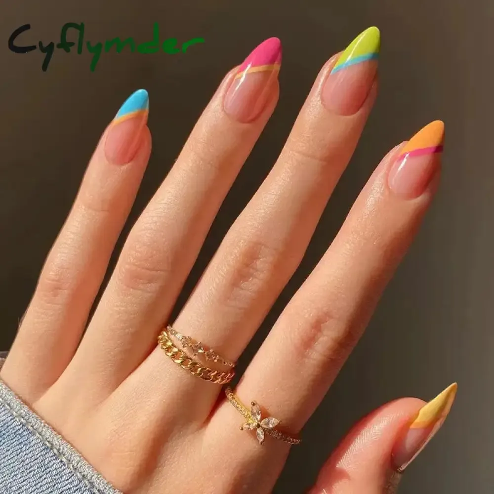Cyflymder 24PCS French Oval False Nails Girls White Edge Design Nude Color Wearable Press on Nail Full Cover Short Acrylic Almond Fake Nails