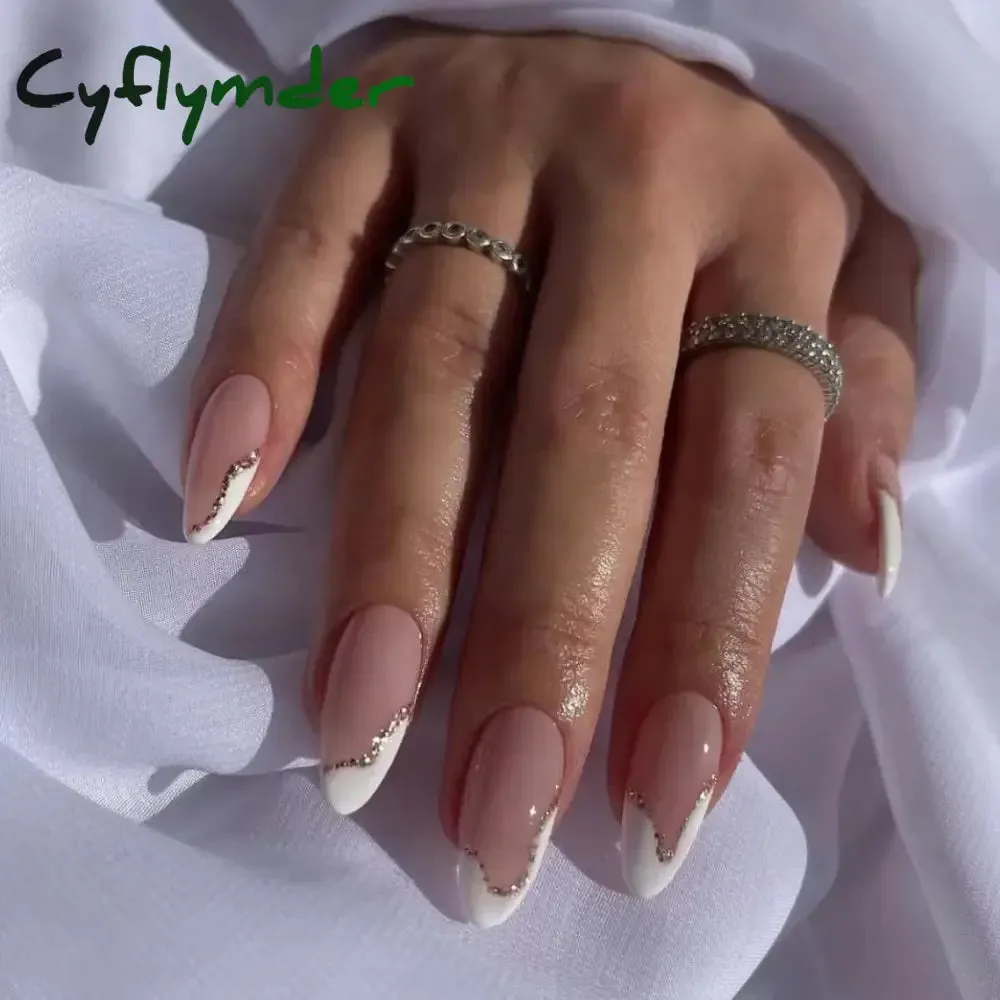 Cyflymder 24PCS French Oval False Nails Girls White Edge Design Nude Color Wearable Press on Nail Full Cover Short Acrylic Almond Fake Nails